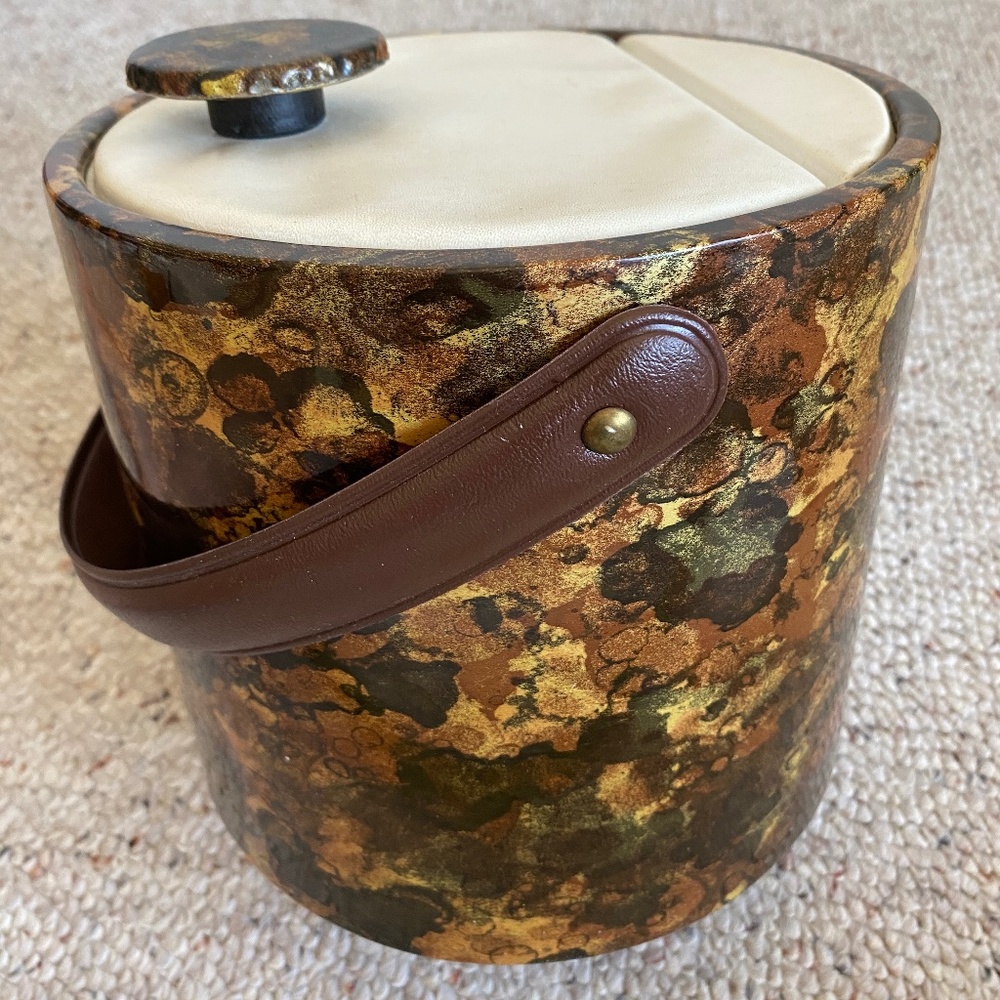Ice Bucket faux tortoise shell vinyl  in brown, gold and white with lid, VTG '70